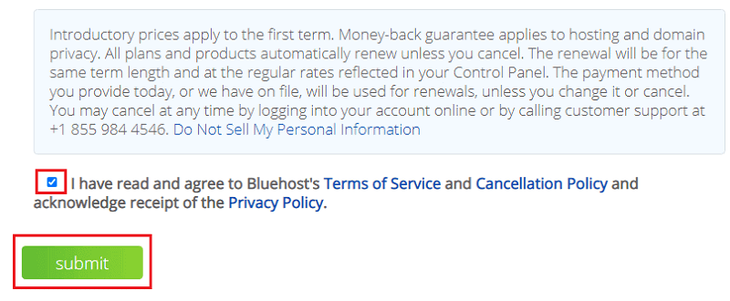 bluehost signup submit