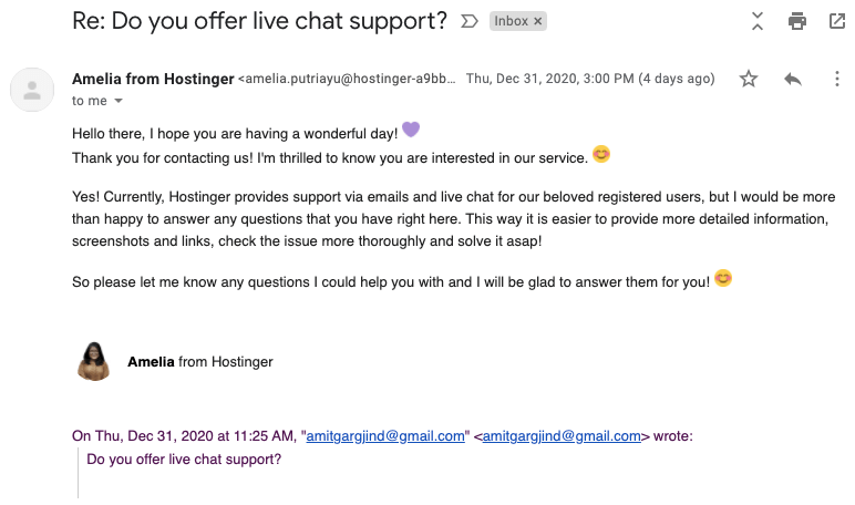 hostinger live chat offer mail response