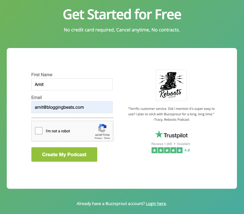 buzzsprout signup email