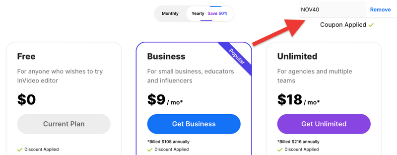 invideo pricing after coupon code