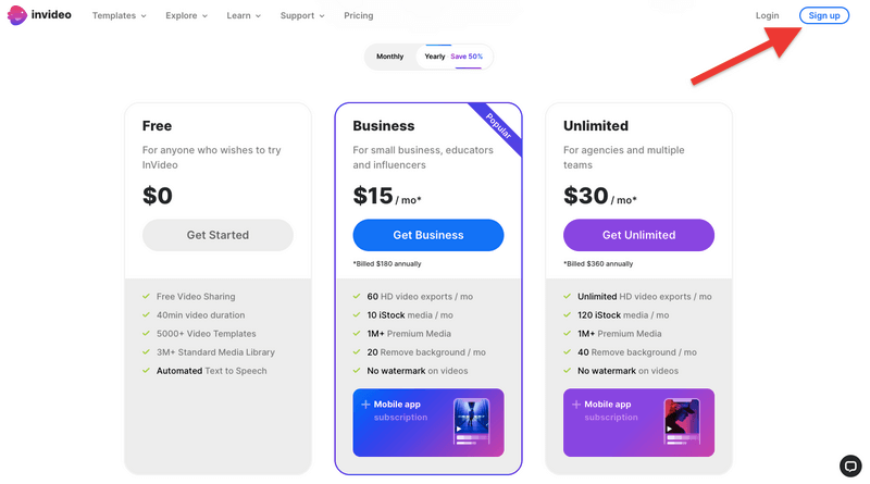 invideo pricing page