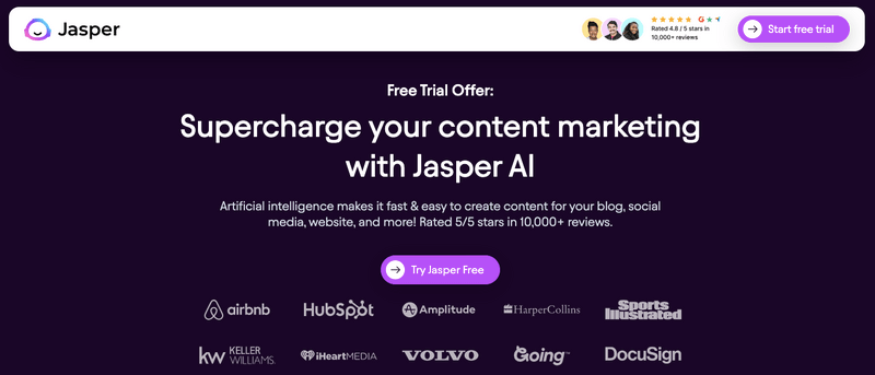jasper ai free trial page